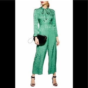 NWT Topshop Green TieNeck Print Crop Jumpsuit SzS4